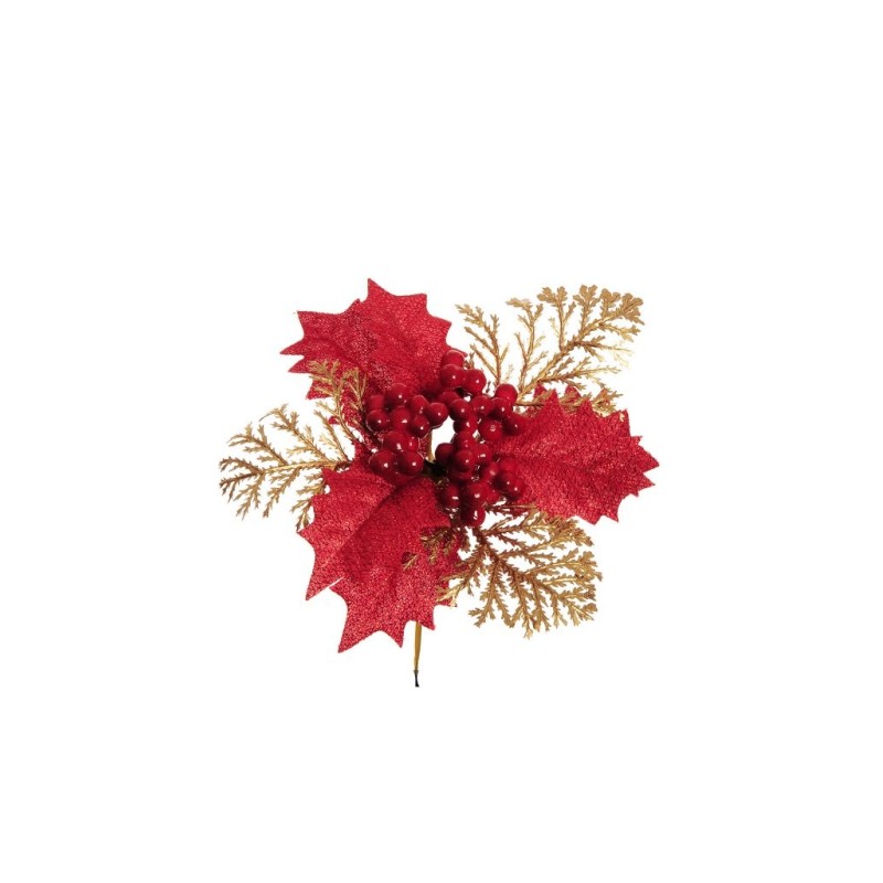 Lot de 36 - Pic artificiel de houx, baies et fougère, 14 cm - rouge or 