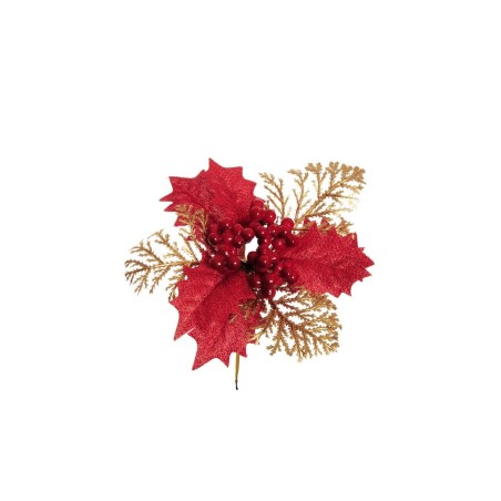 Lot de 36 - Pic artificiel de houx, baies et fougère, 14 cm - rouge or 
