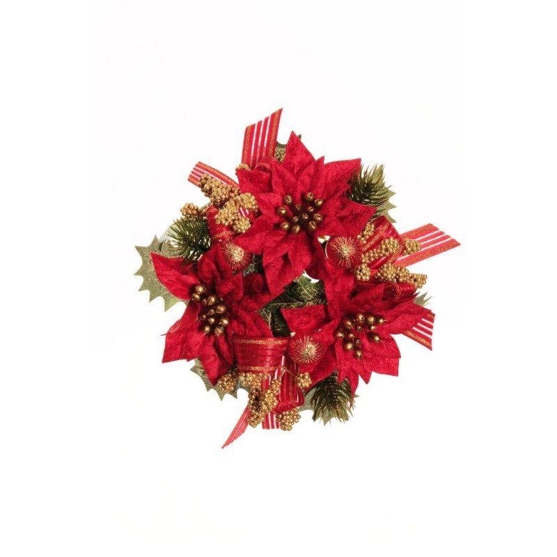 Lot de 12 - Couronne de bougie artificielle poinsettia, boules de Noël, blé et pin, 17 cm - rouge or 