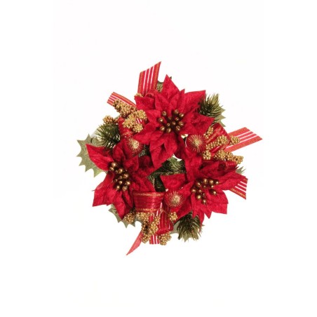 Lot de 12 - Couronne de bougie artificielle poinsettia, boules de Noël, blé et pin, 17 cm - rouge or 