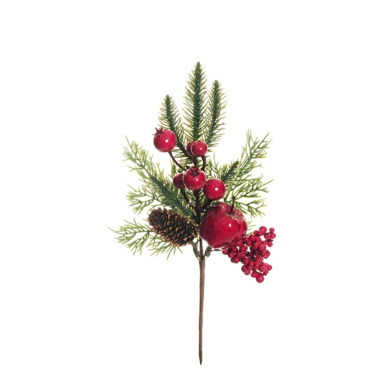 Lot de 24 - Pic artificiel de pomme, baies, pommes de pin et pin, 34 cm - rouge 