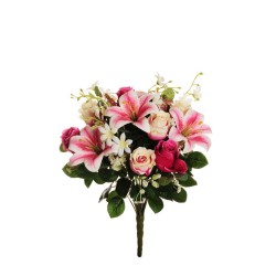 Lot de 6 - Buisson artificiel de lys tigré, bouton de rose, muscari, eucalyptus X23, 52 cm - rose fuchsia blanc 