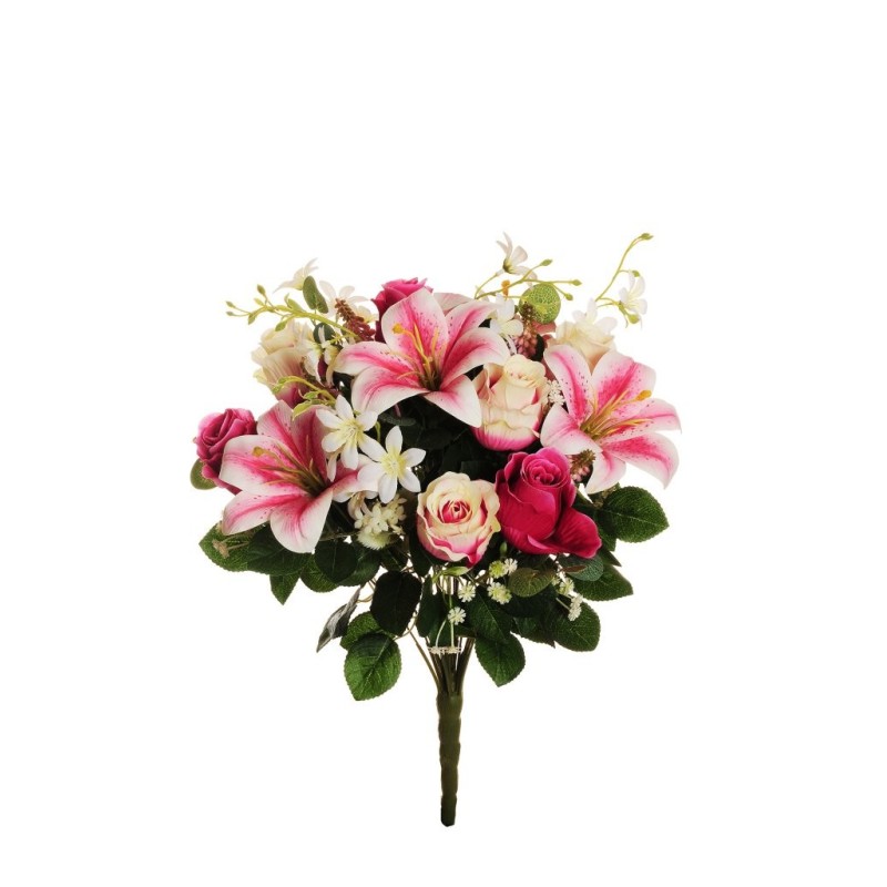 Lot de 6 - Buisson artificiel de lys tigré, bouton de rose, muscari, eucalyptus X23, 52 cm - rose fuchsia blanc 