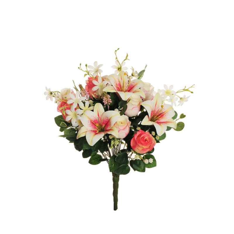 Lot de 6 - Buisson artificiel de lys tigré, bouton de rose, muscari, eucalyptus X23, 52 cm - rose crème 