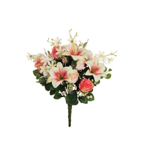 Lot de 6 - Buisson artificiel de lys tigré, bouton de rose, muscari, eucalyptus X23, 52 cm - rose crème 