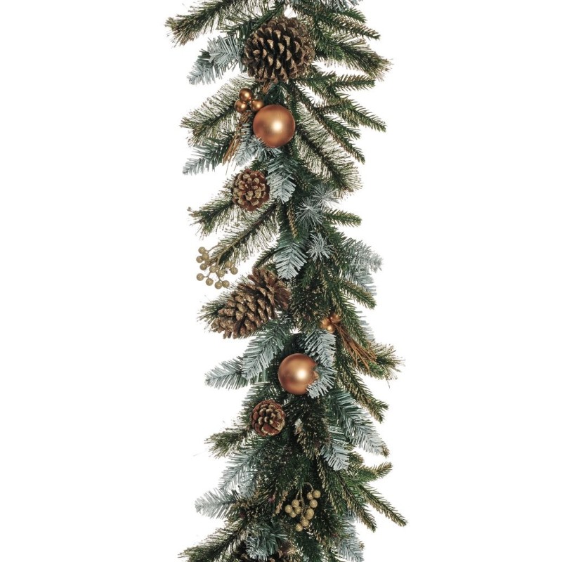 Lot de 6 - Guirlande artificielle de pin avec boules, baies et pommes de pin, 180 cm - or 