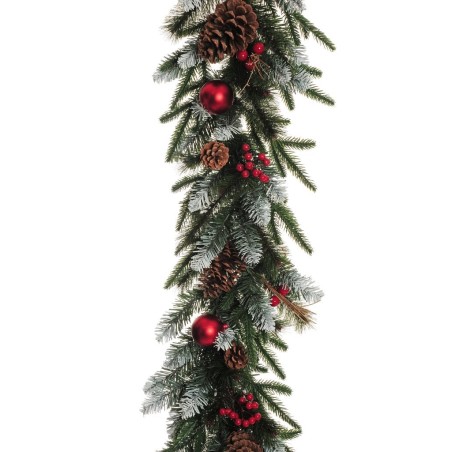 Lot de 6 - Guirlande artificielle de pin avec boules, baies et pommes de pin, 180 cm - rouge 