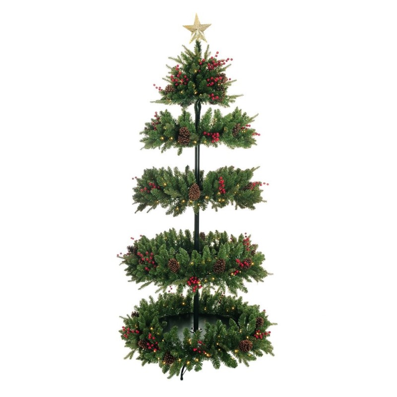 Sapin artificiel de présentation lumineux 410 LED avec étagères en bois, 210 cm - vert 
