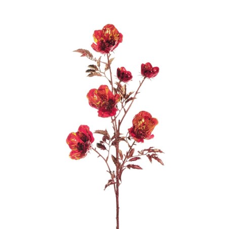 Lot de 12 - Tige artificielle de rose de Noël iridescente X6, 80 cm - rouge or 