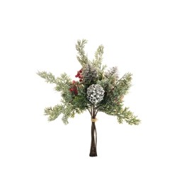 Lot de 12 - Bouquet artificiel de pins, pommes de pin et baies glacé X6, 40 cm - vert gris rouge 