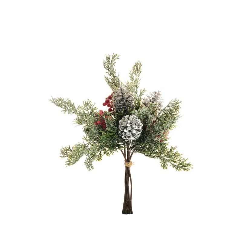 Lot de 12 - Bouquet artificiel de pins, pommes de pin et baies glacé X6, 40 cm - vert gris rouge 