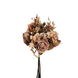 Lot de 12 - Bouquet artificiel de rose Avalanche et hortensia X4, 35 cm - rose ancien 