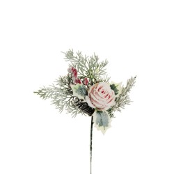 Lot de 48 - Pic artificiel de bouton de rose, houx, pin, baies enneigé, 32 cm - rose 