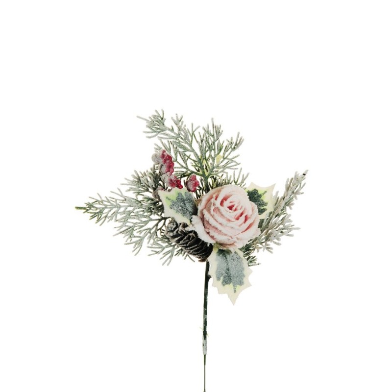 Lot de 48 - Pic artificiel de bouton de rose, houx, pin, baies enneigé, 32 cm - rose 