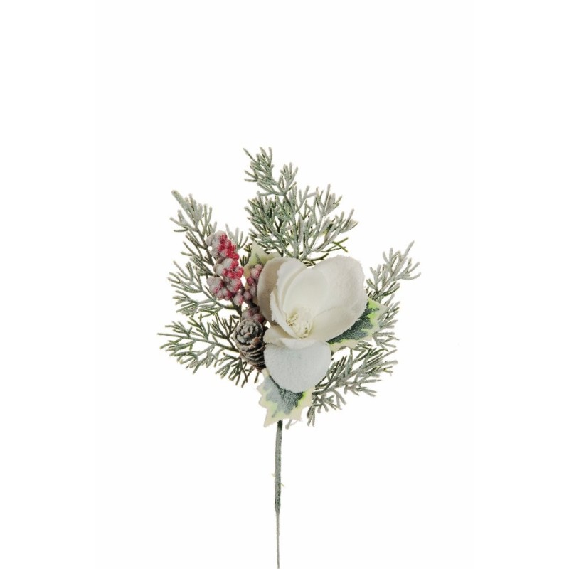 Lot de 48 - Pic artificiel de magnolia, houx, pin, baies enneigé, 32 cm - blanc 