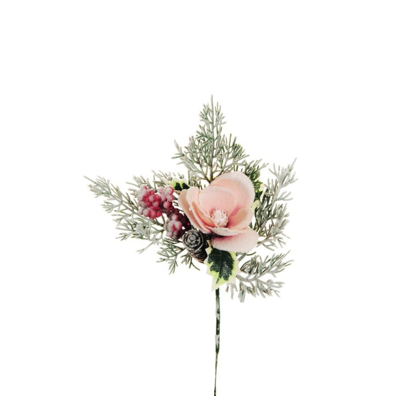 Lot de 48 - Pic artificiel de magnolia, houx, pin, baies enneigé, 32 cm - rose 