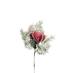 Lot de 48 - Pic artificiel de magnolia, houx, pin, baies enneigé, 32 cm - rouge 