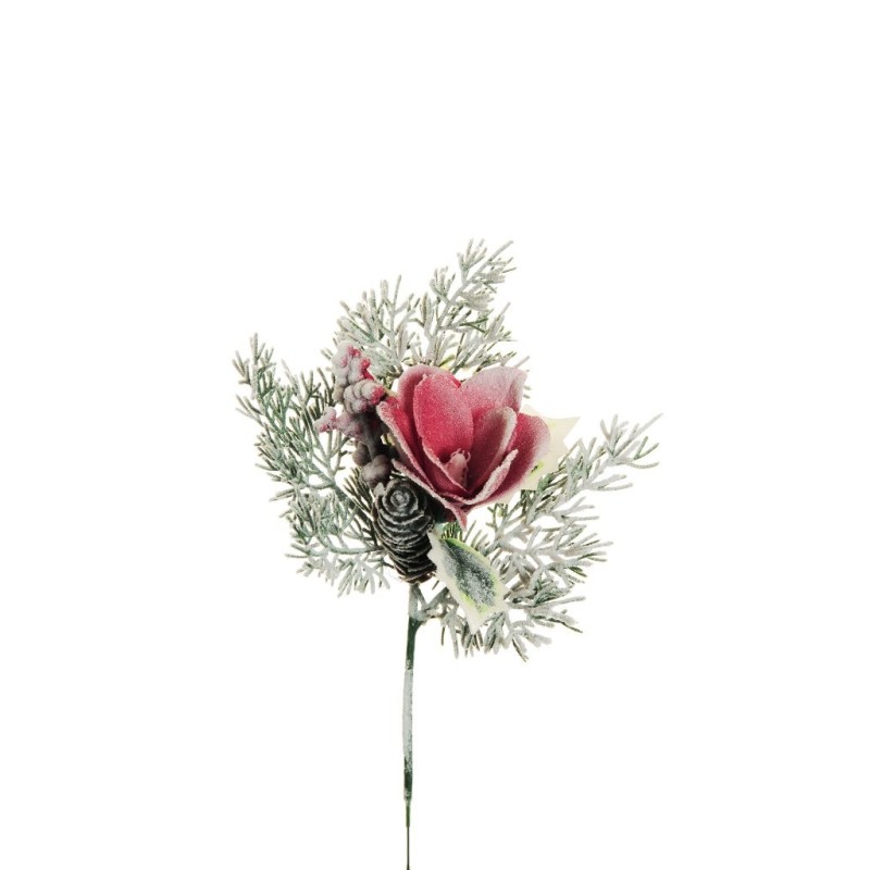 Lot de 48 - Pic artificiel de magnolia, houx, pin, baies enneigé, 32 cm - rouge 