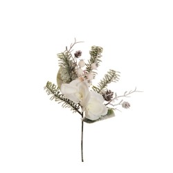 Lot de 24 - Pic artificiel de magnolia, pin, baies, pommes de pin enneigé, 38 cm - blanc 