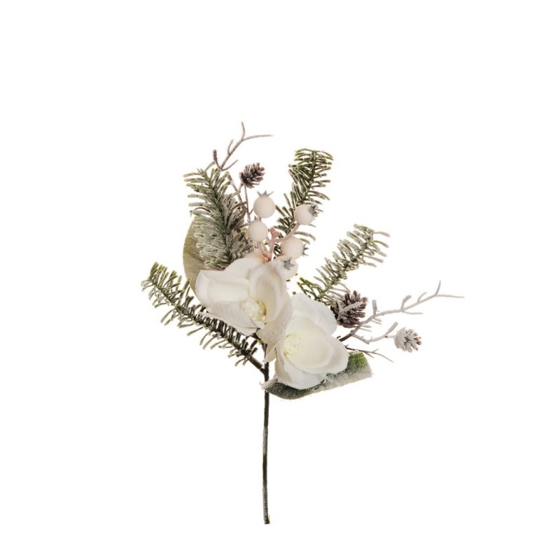 Lot de 24 - Pic artificiel de magnolia, pin, baies, pommes de pin enneigé, 38 cm - blanc 