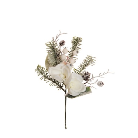 Lot de 24 - Pic artificiel de magnolia, pin, baies, pommes de pin enneigé, 38 cm - blanc 