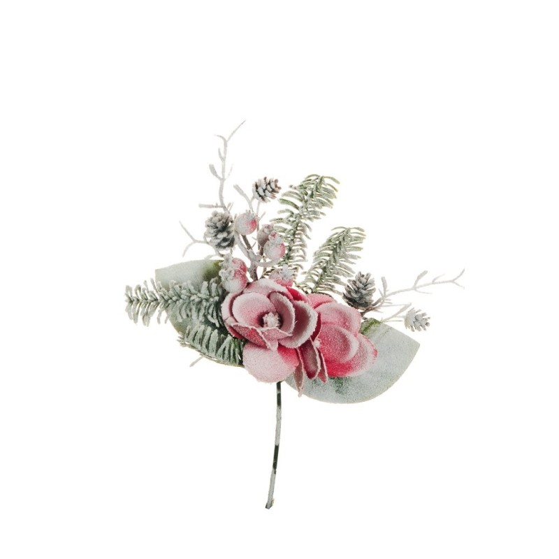 Lot de 24 - Pic artificiel de magnolia, pin, baies, pommes de pin enneigé, 38 cm - rouge 