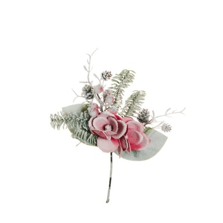 Lot de 24 - Pic artificiel de magnolia, pin, baies, pommes de pin enneigé, 38 cm - rouge 