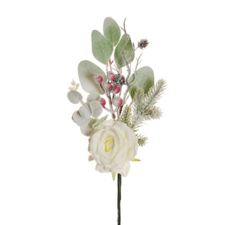 Lot de 24 - Pic artificiel de rose, pin, baies, pommes de pin enneigé, 46 cm - blanc 