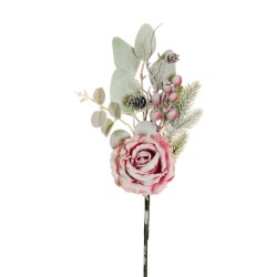 Lot de 24 - Pic artificiel de rose, pin, baies, pommes de pin enneigé, 46 cm - rouge 