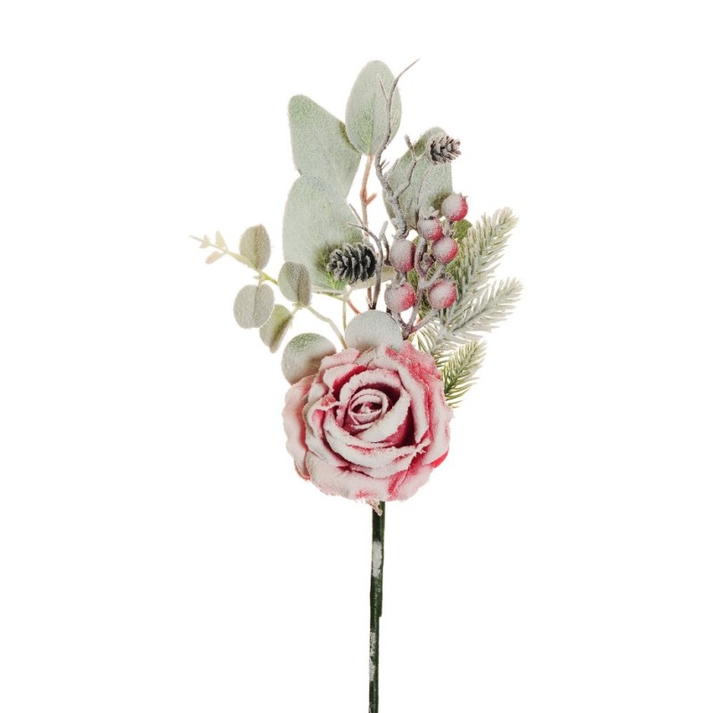 Lot de 24 - Pic artificiel de rose, pin, baies, pommes de pin enneigé, 46 cm - rouge 