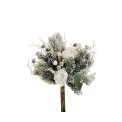 Lot de 10 - Bouquet artificiel de pivoine, baies, pommes de pin enneigé X7, 36 cm - blanc 