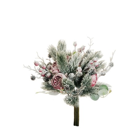 Lot de 10 - Bouquet artificiel de pivoine, baies, pommes de pin enneigé X7, 36 cm - rouge 