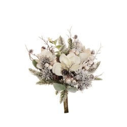 Lot de 10 - Bouquet artificiel de magnolia, baies, pommes de pin enneigé X7, 35 cm - blanc 