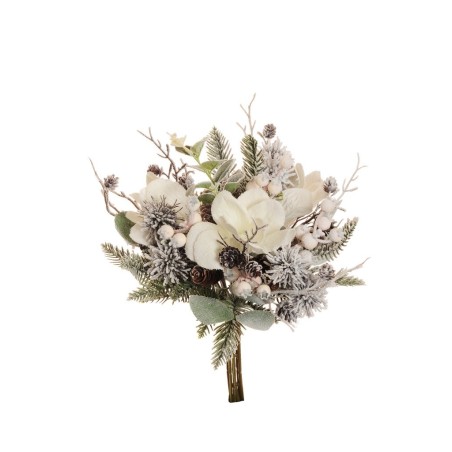 Lot de 10 - Bouquet artificiel de magnolia, baies, pommes de pin enneigé X7, 35 cm - blanc 