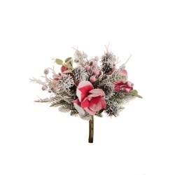 Lot de 10 - Bouquet artificiel de magnolia, baies, pommes de pin enneigé X7, 35 cm - rouge 