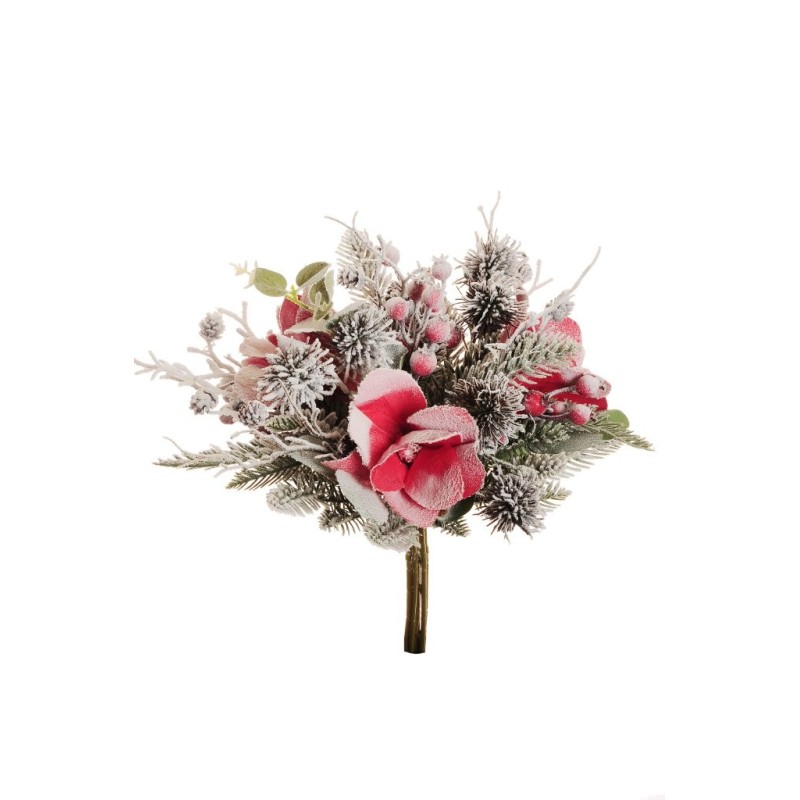 Lot de 10 - Bouquet artificiel de magnolia, baies, pommes de pin enneigé X7, 35 cm - rouge 