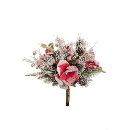 Lot de 10 - Bouquet artificiel de magnolia, baies, pommes de pin enneigé X7, 35 cm - rouge 