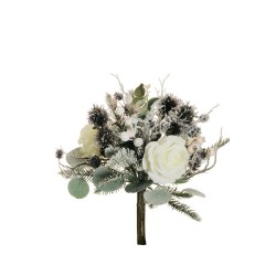 Lot de 10 - Bouquet artificiel de rose, baies, pommes de pin enneigé X7, 36 cm - blanc 