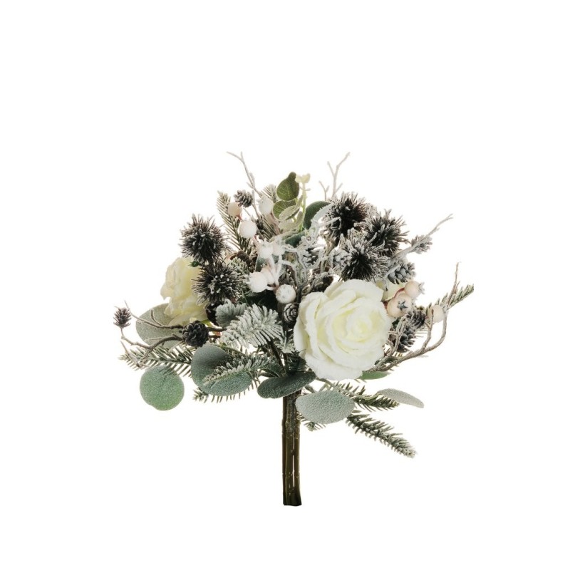 Lot de 10 - Bouquet artificiel de rose, baies, pommes de pin enneigé X7, 36 cm - blanc 