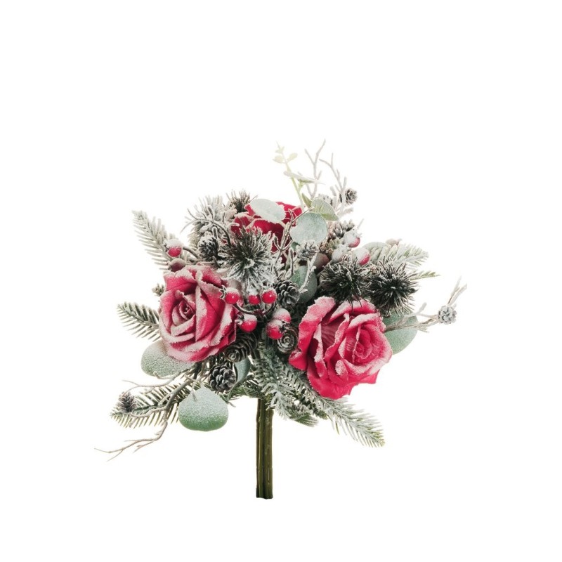 Lot de 10 - Bouquet artificiel de rose, baies, pommes de pin enneigé X7, 36 cm - rouge 