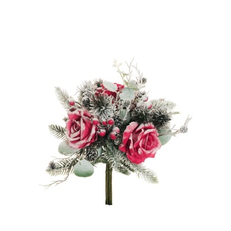 Lot de 10 - Bouquet artificiel de rose, baies, pommes de pin enneigé X7, 36 cm - rouge 