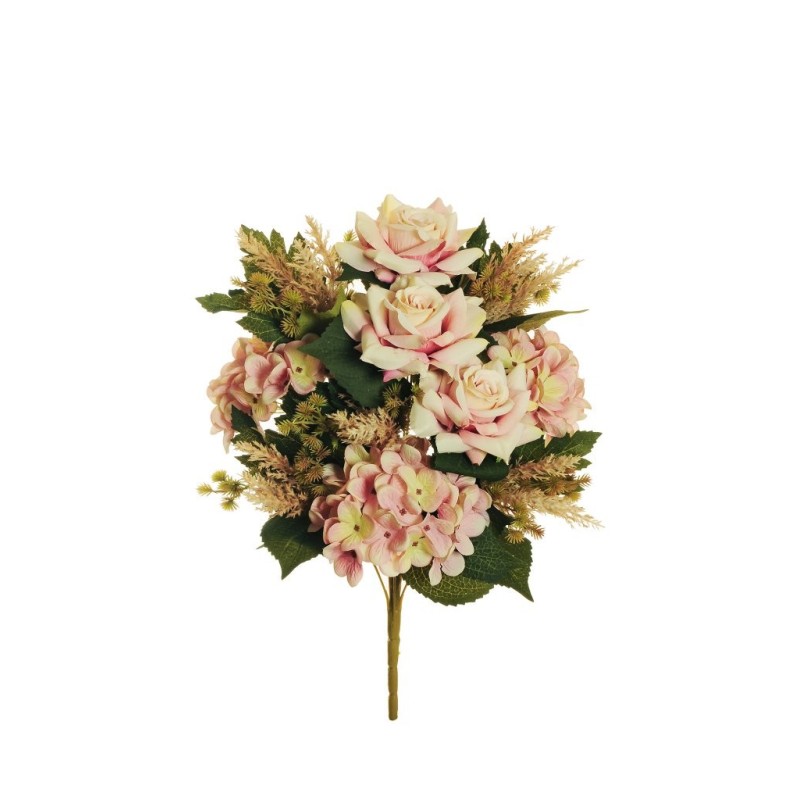 Lot de 10 - Demi-buisson artificiel de rose Regina et hortensia X11, 52 cm - rose 