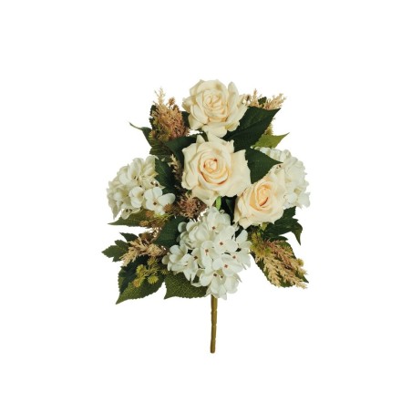 Lot de 10 - Demi-buisson artificiel de rose Regina et hortensia X11, 52 cm - crème blanc 