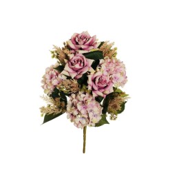 Lot de 10 - Demi-buisson artificiel de rose Regina et hortensia X11, 52 cm - violet lilas rose 