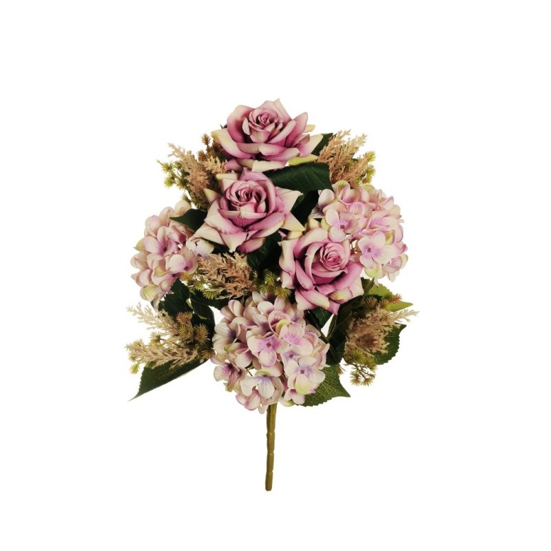 Lot de 10 - Demi-buisson artificiel de rose Regina et hortensia X11, 52 cm - violet lilas rose 
