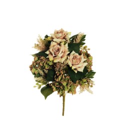 Lot de 10 - Demi-buisson artificiel de rose Regina et hortensia X11, 52 cm - café vert 