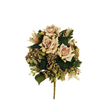 Lot de 10 - Demi-buisson artificiel de rose Regina et hortensia X11, 52 cm - café vert 