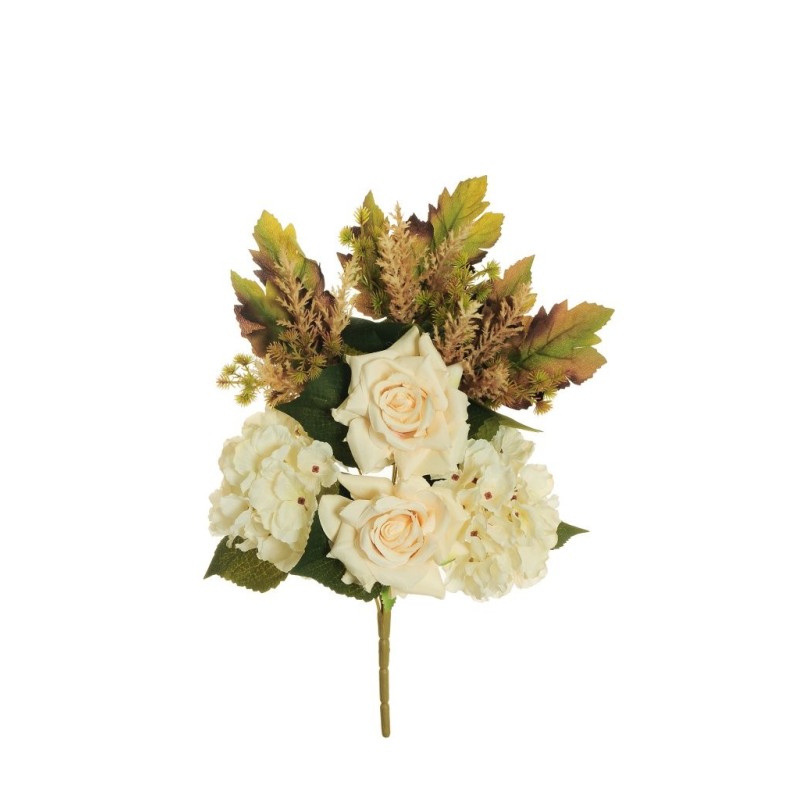 Lot de 12 - Demi-buisson artificiel de rose Regina et hortensia X7, 50 cm - crème 