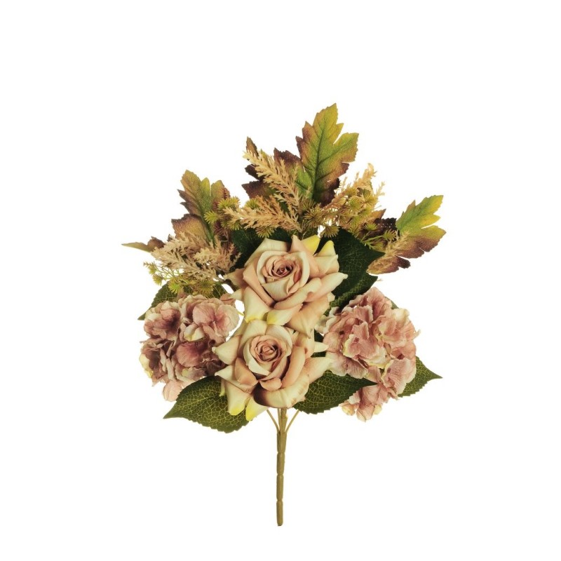 Lot de 12 - Demi-buisson artificiel de rose Regina et hortensia X7, 50 cm - café crème 