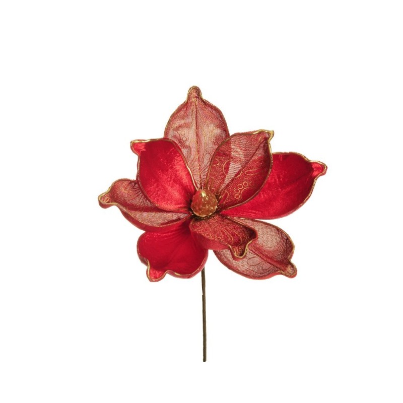 Lot de 24 - Pic artificiel de magnolia velours, D. 20 cm, 29 cm - rouge 